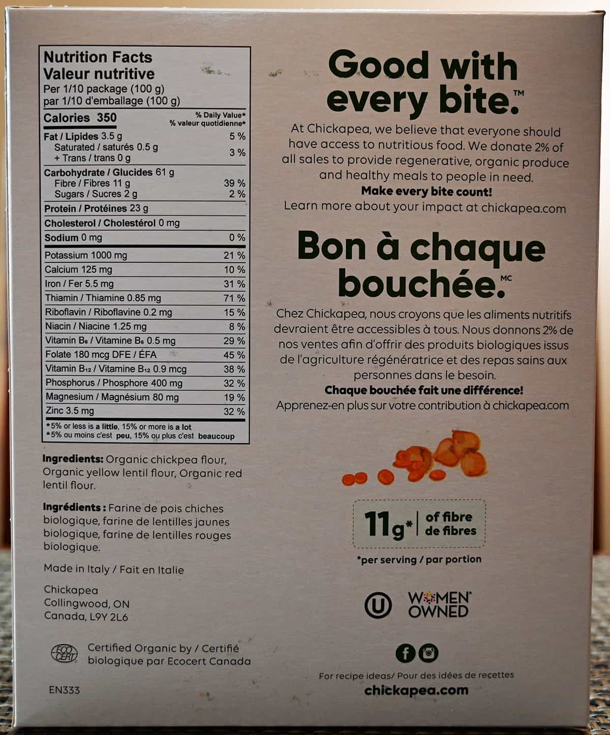 Image of the back of the box of pasta showing ingredients, nutrition facts and product description.