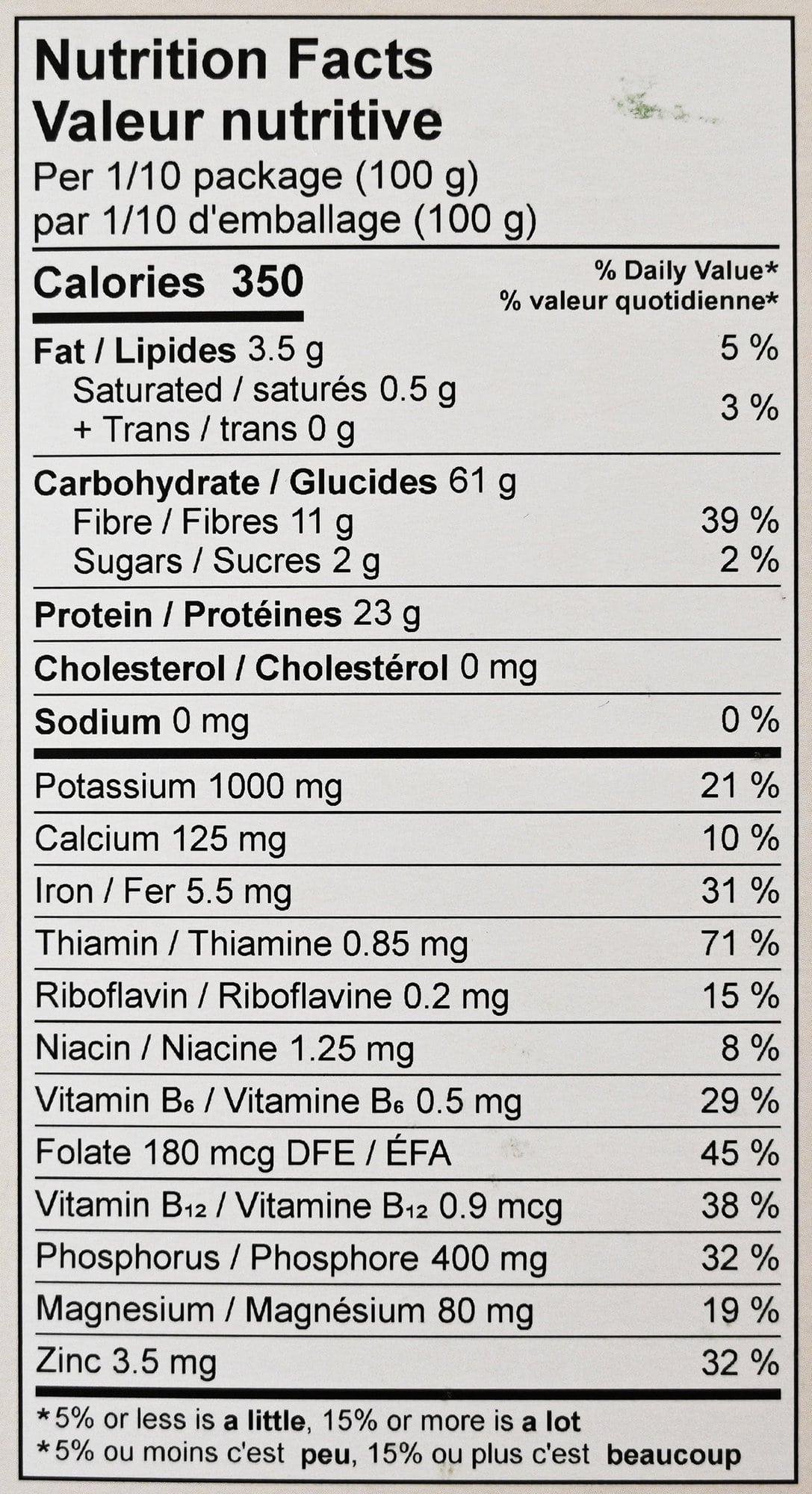 Image of the nutrition facts for the pasta from the back of the box.