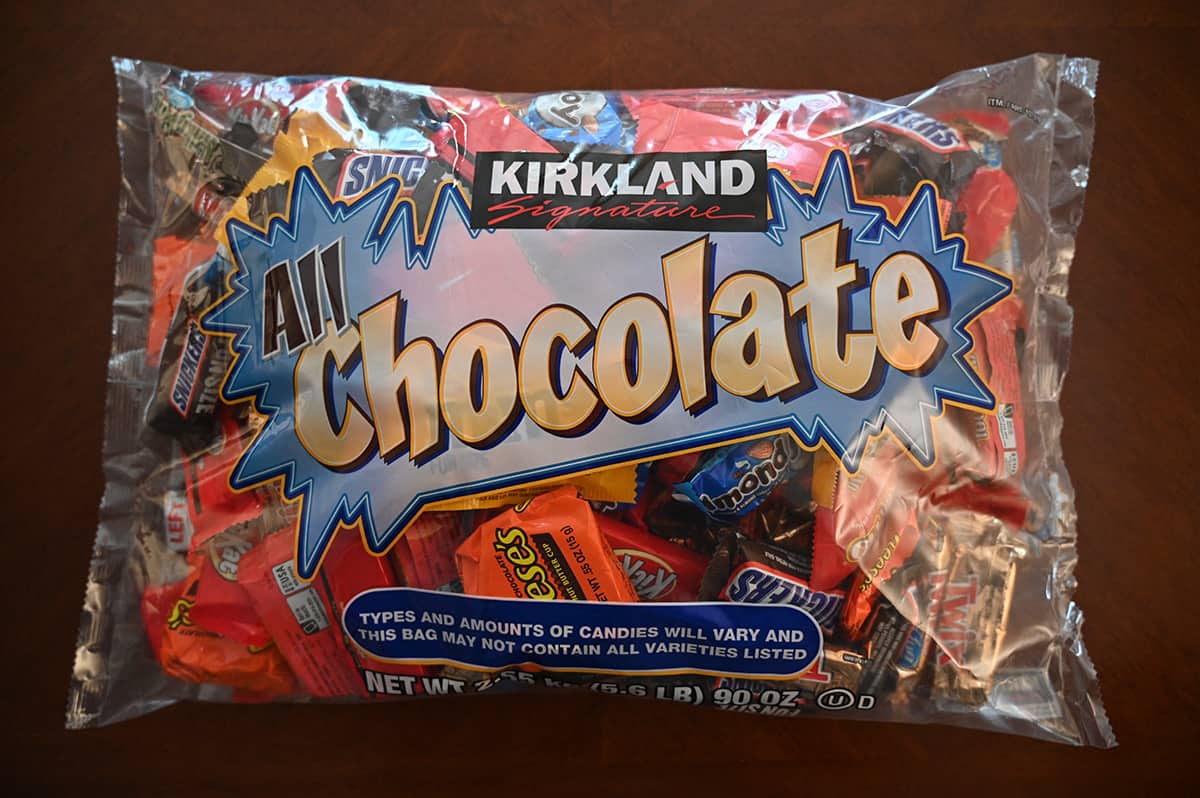 Top down image of the All Chocolate United States bag sitting on a table unopened.