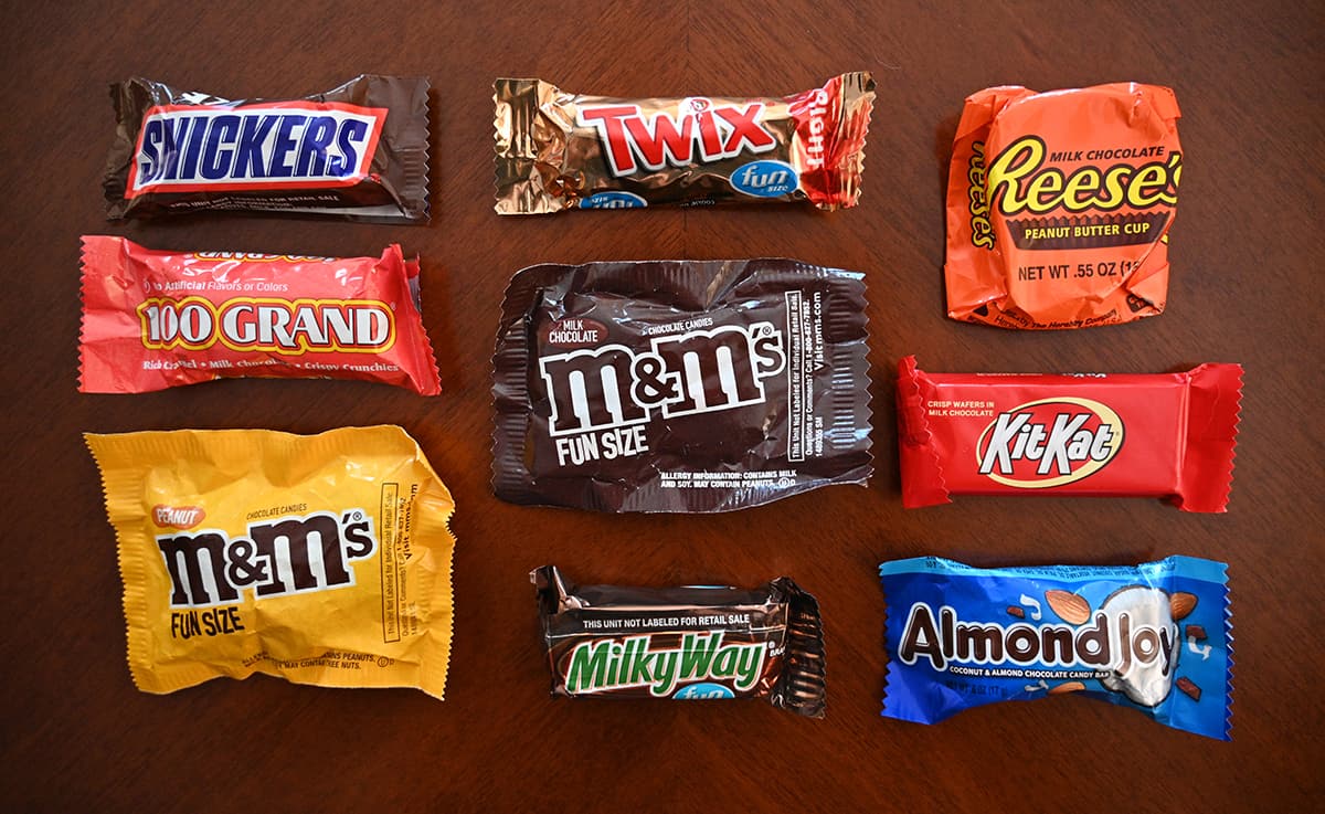 Top down image of all the different kinds of chocolate bars that come in the US All Chocolate bag.