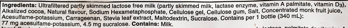 Image of the ingredients for the Fairlife chocolate protein shakes.