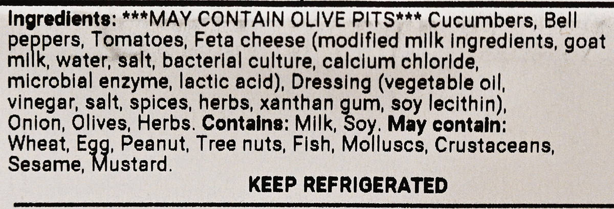 Image of the ingredients list for the Greek salad from the front label.