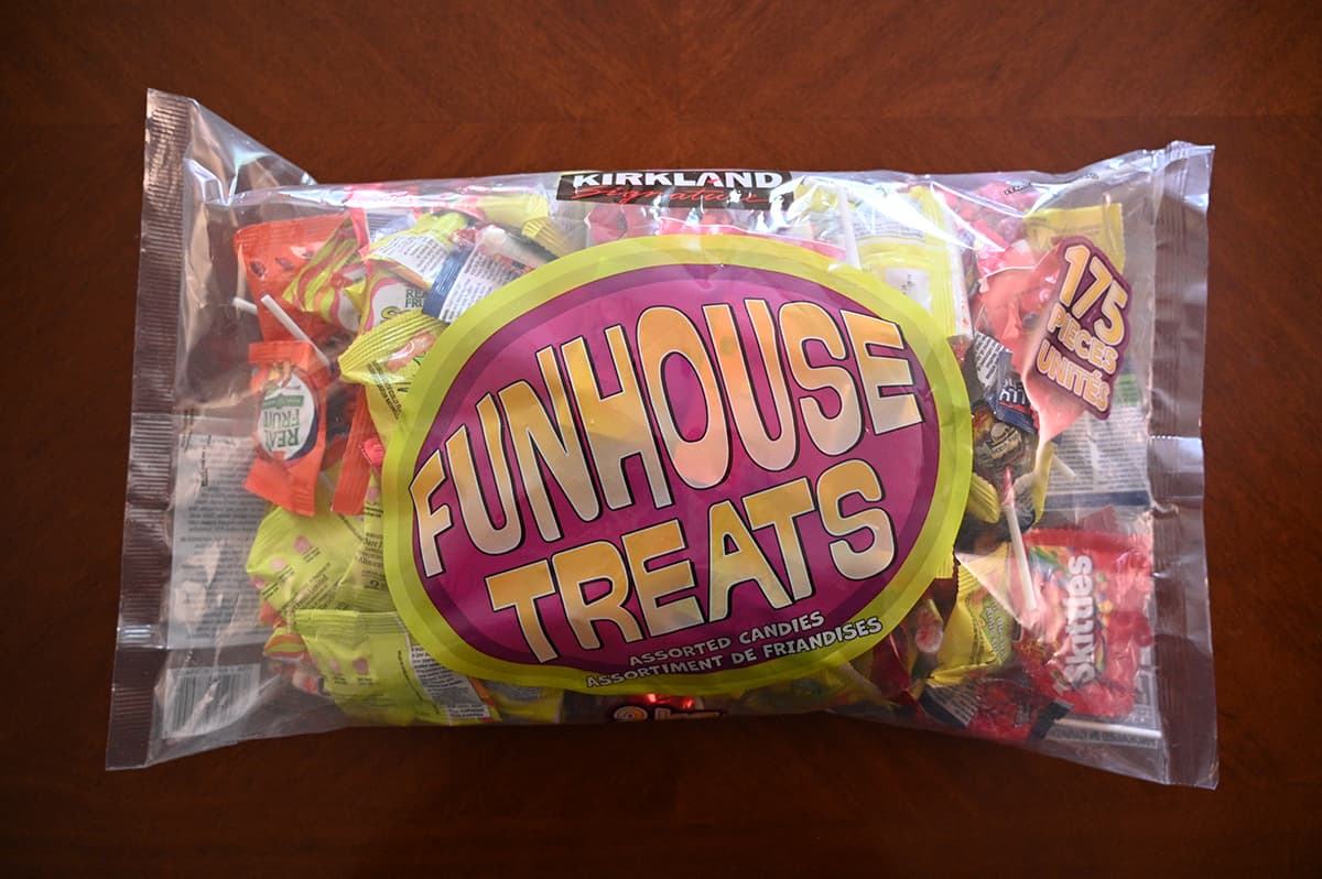 Top down image of the Canadian Funhouse Treats bag sitting on a table unopened.