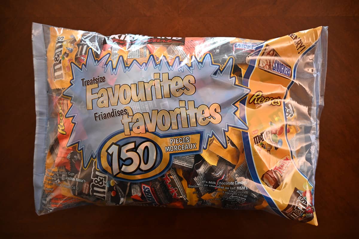 Top down image of the Canadian Favourites chocolate bar bag sitting on a table unopened.