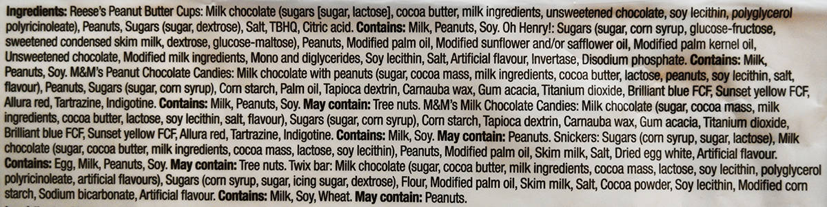 Image of the Canadian Favourites bars ingredients list from the back of the bag.