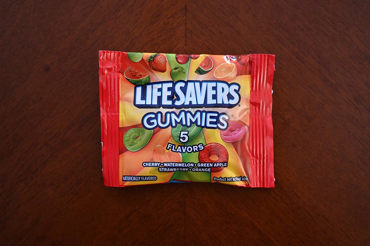 Top down image of a packet of Lifesavers Gummies candies unopened.