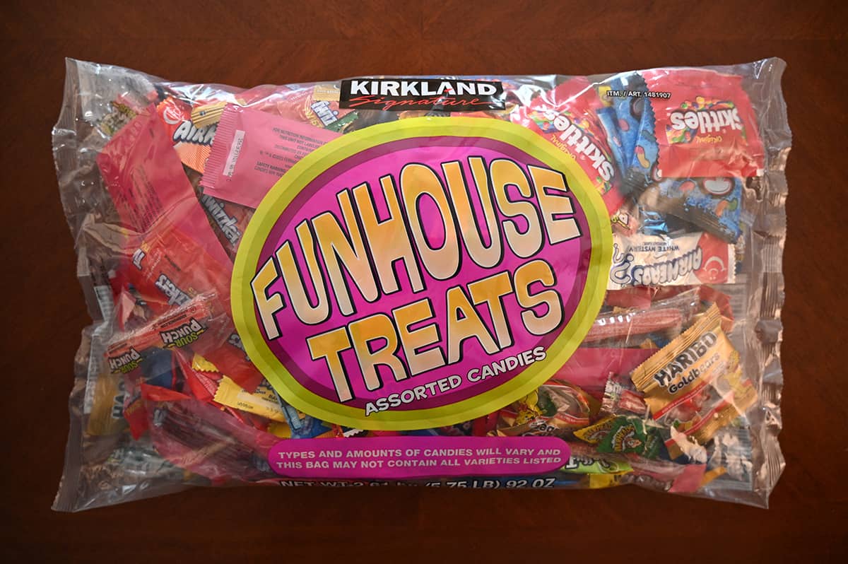 Top down image of the United States Funhouse Treats bag sitting on a table unopened.