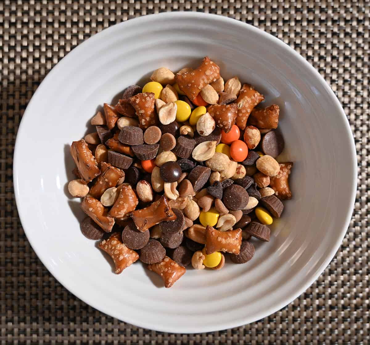 Top down closeup image of a white bowl full of the Hoody's mix showing all the different ingredients.