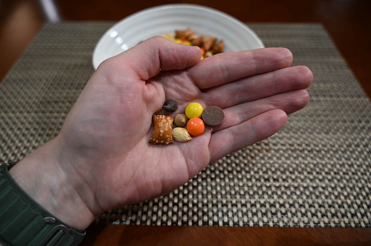 Closeup image of a hand with the Hoody's mix in it. There is one of each ingredient from the mix in the hand.