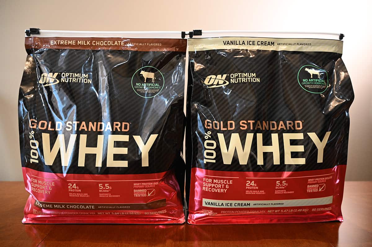 Image of the Costco Optimum Nutrition Gold Standard Whey bags in vanilla and chocolate sitting on a table.