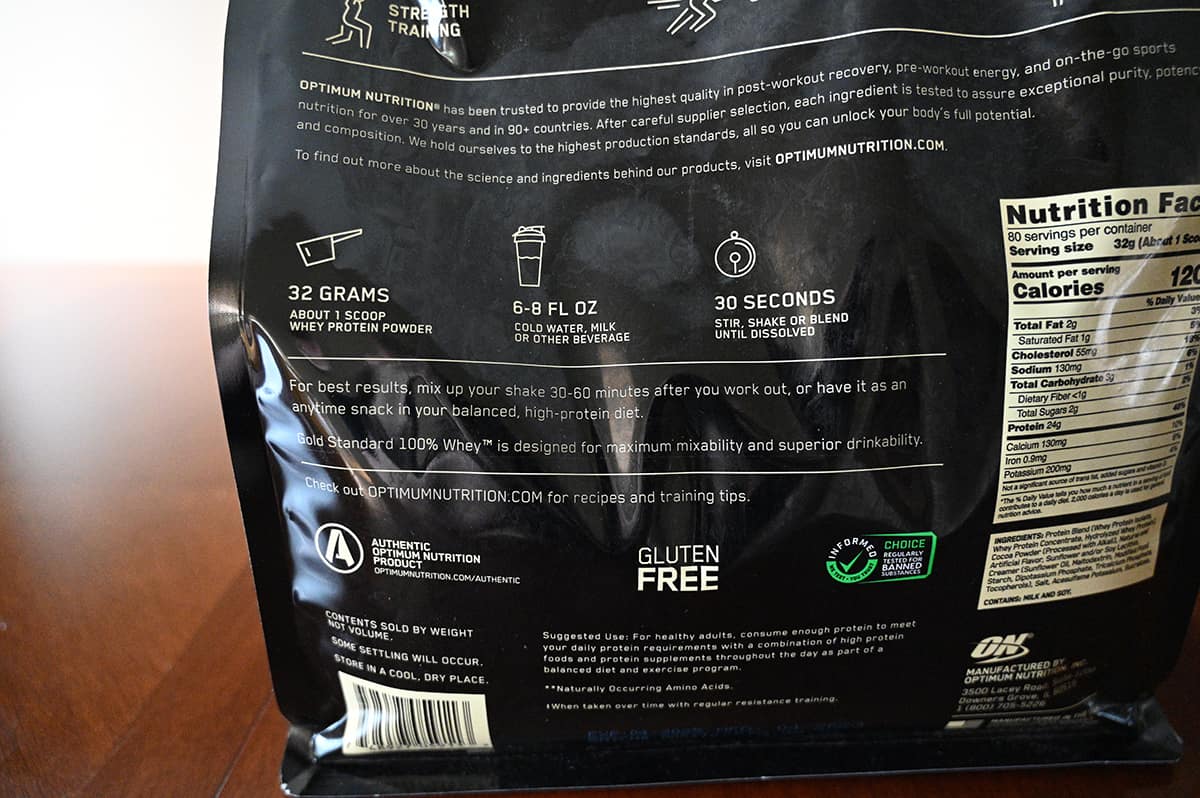 Image of the mixing instructions for the chocolate protein powder from the back of the bag.