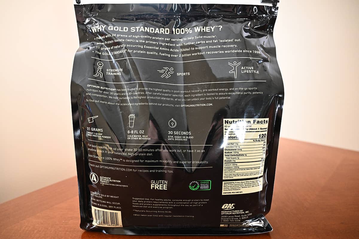 Image of the back of the bag of vanilla protein powder showing nutrition facts, product description.