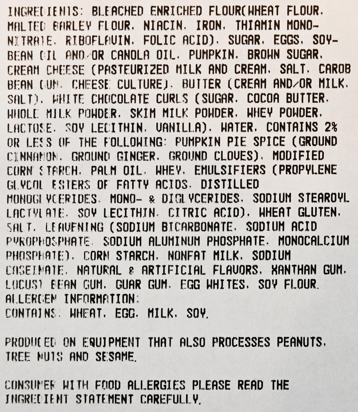Closeup image of the ingredients list for the pumpkin spice loaf.