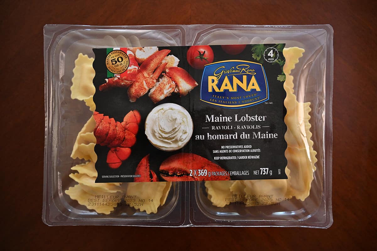Image of a two pack of the Costco Rana Maine Lobster Ravioli unopened, sitting on a table.
