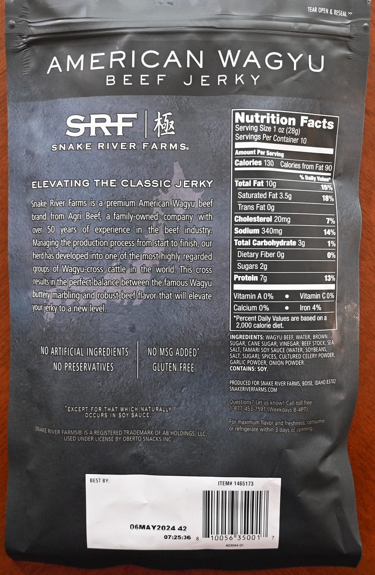 Image of the full back of the bag showing where the jerky is made, nutrition facts, storage instructions and product description.