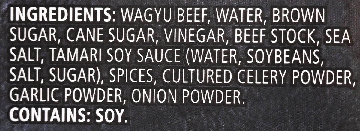Image of the ingredients list for the jerky from the back of bag.