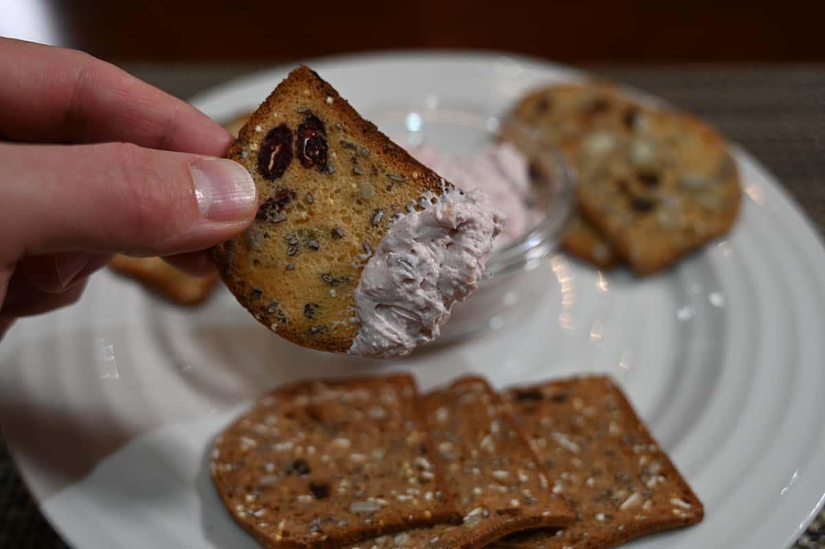 Closeup image of a hand holding a cracker with dip on it close to the camera. In the background is a plate of crackers and dip.
