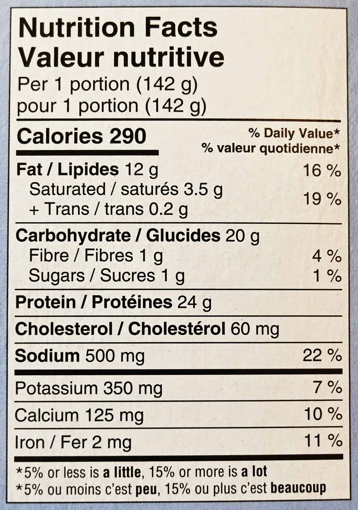 Image of the nutrition facts for the chicken breasts from the back of the box.