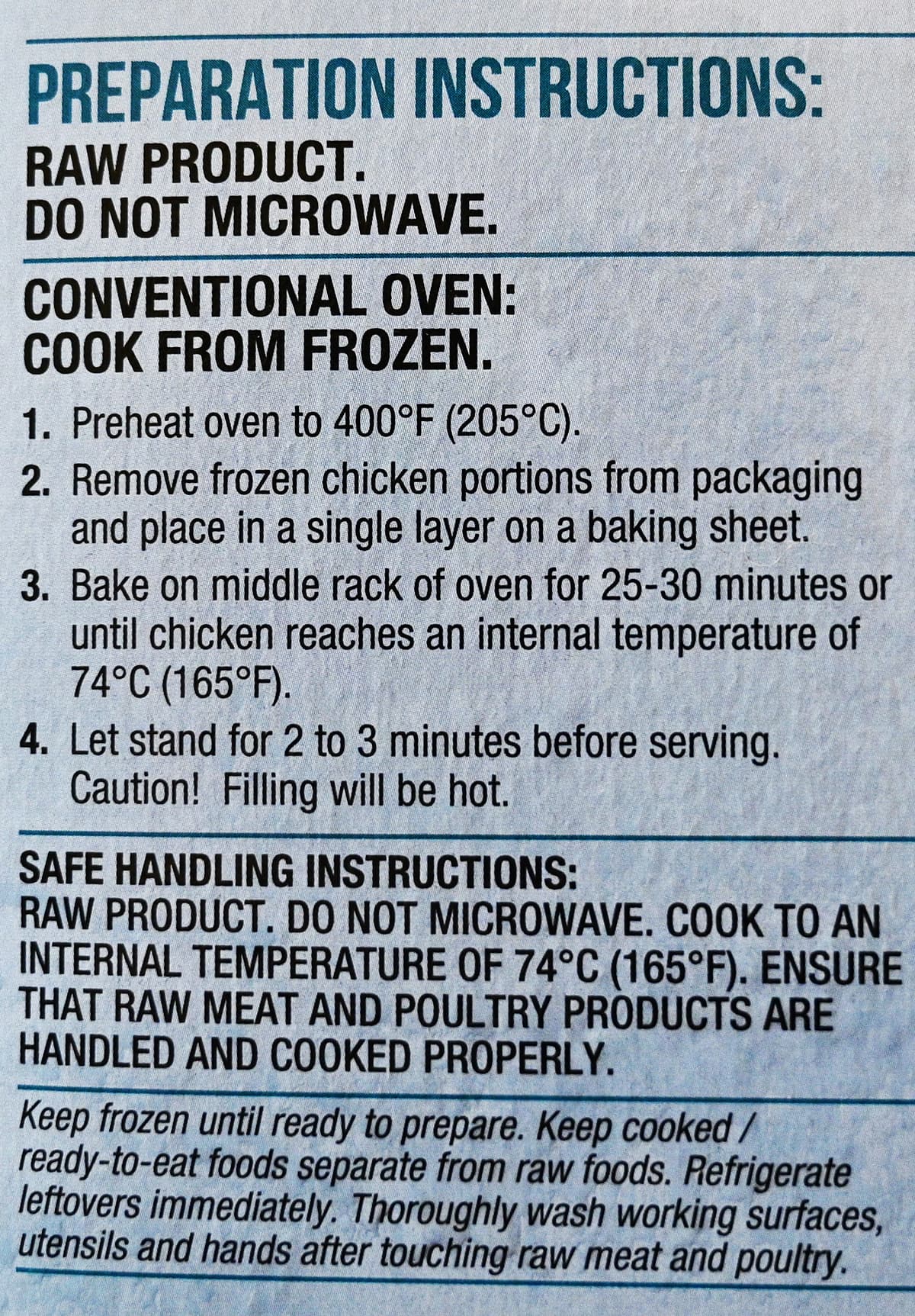 Image of the cooking instructions for the chicken breasts from the back of the box.