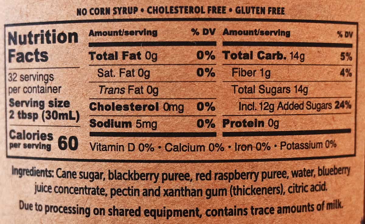 Image of the nutrition facts and ingredients label from the back of the bottle of fruit syrup.