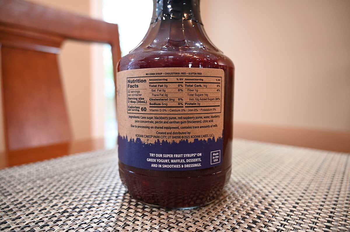 Image of the back of the fruit syrup bottle, suggesting the syrup be used on yogurt, waffles, desserts and in smoothies and dressings.