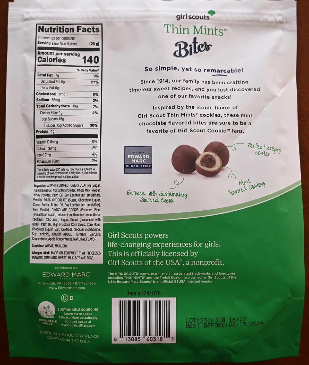 Image of the back of bag for the thin mints bites. Showing the nutrition facts, ingredients and product description.