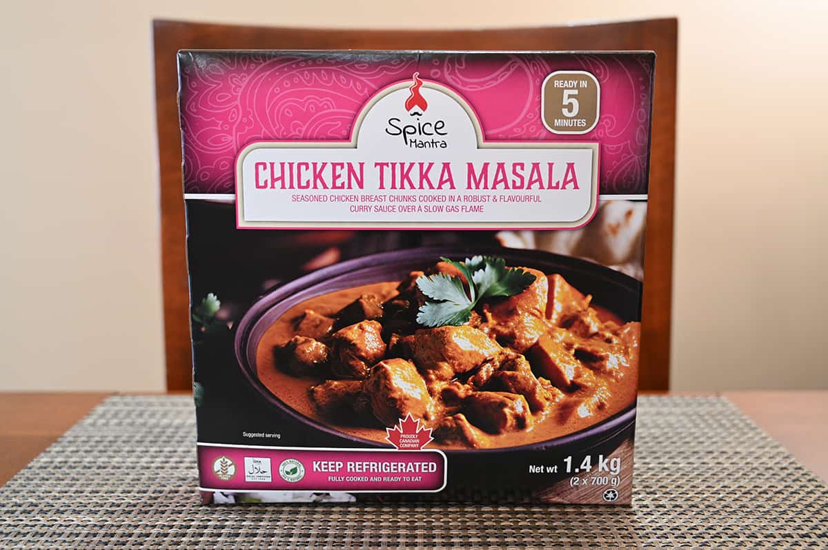 Image of the Costco Spice Mantra Chicken Tikka Masala box sitting on a table unopened.