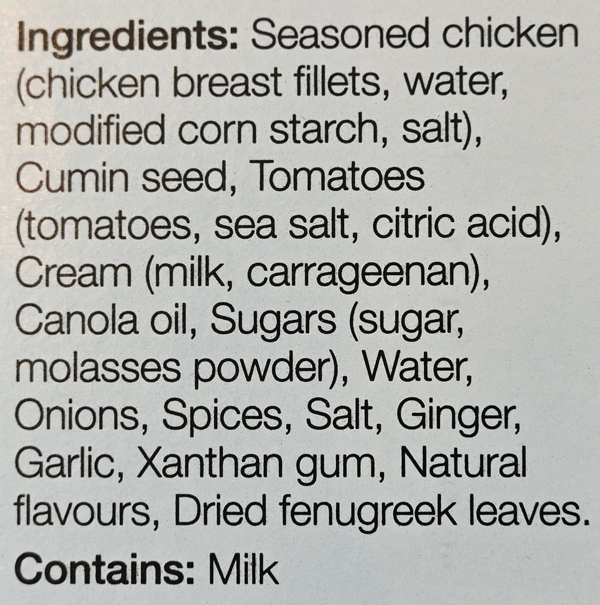 Image of the ingredients list for the chicken tikka masala from the back of the package.