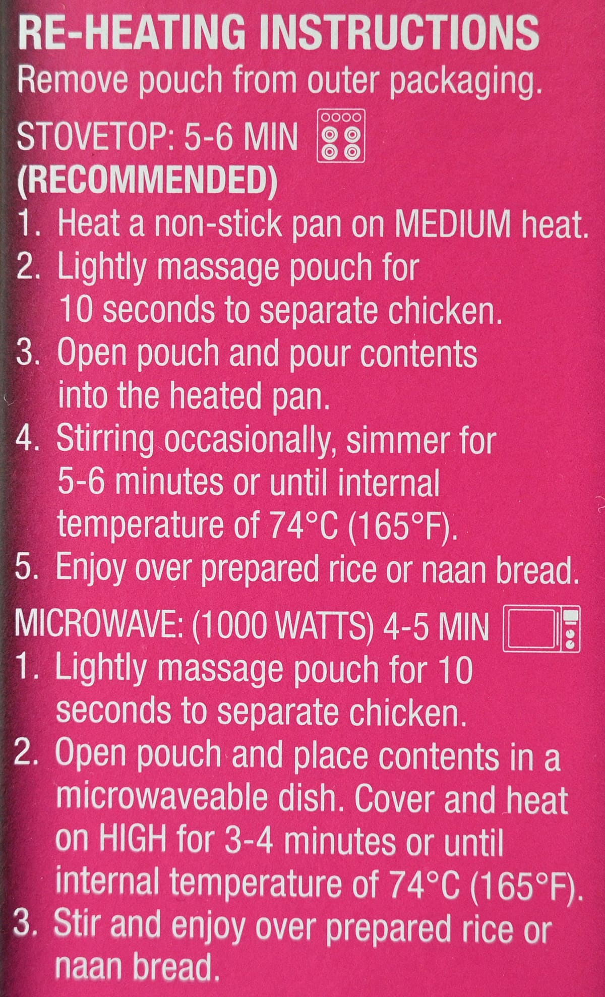 Heating instructions for the tikka masala from the package.