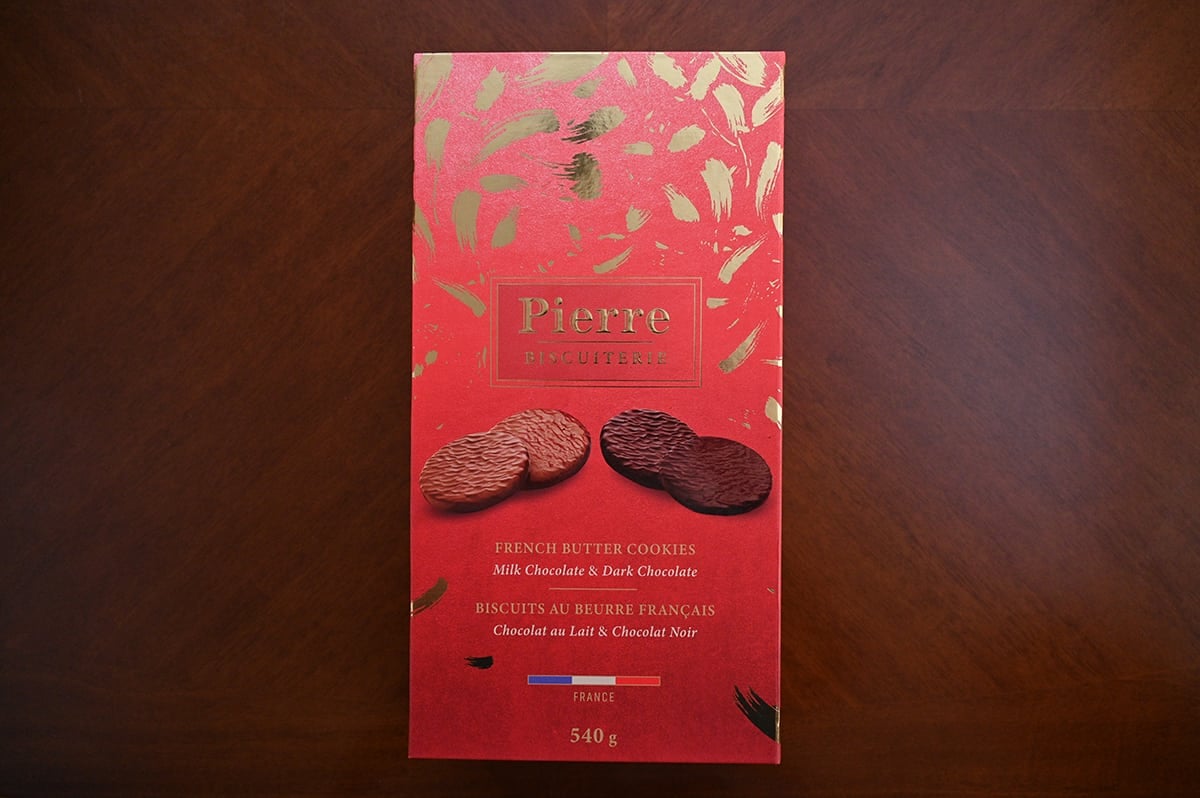 Image of the Costco Pierre Biscuiterie French Butter Cookies box sitting on a table.