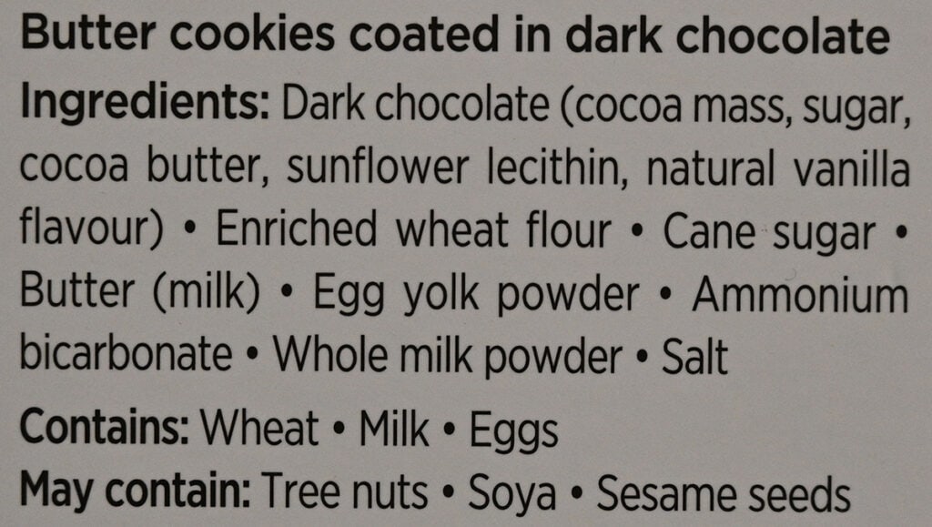 Image of the milk chocolate biscuits ingredients list from the back of the box.