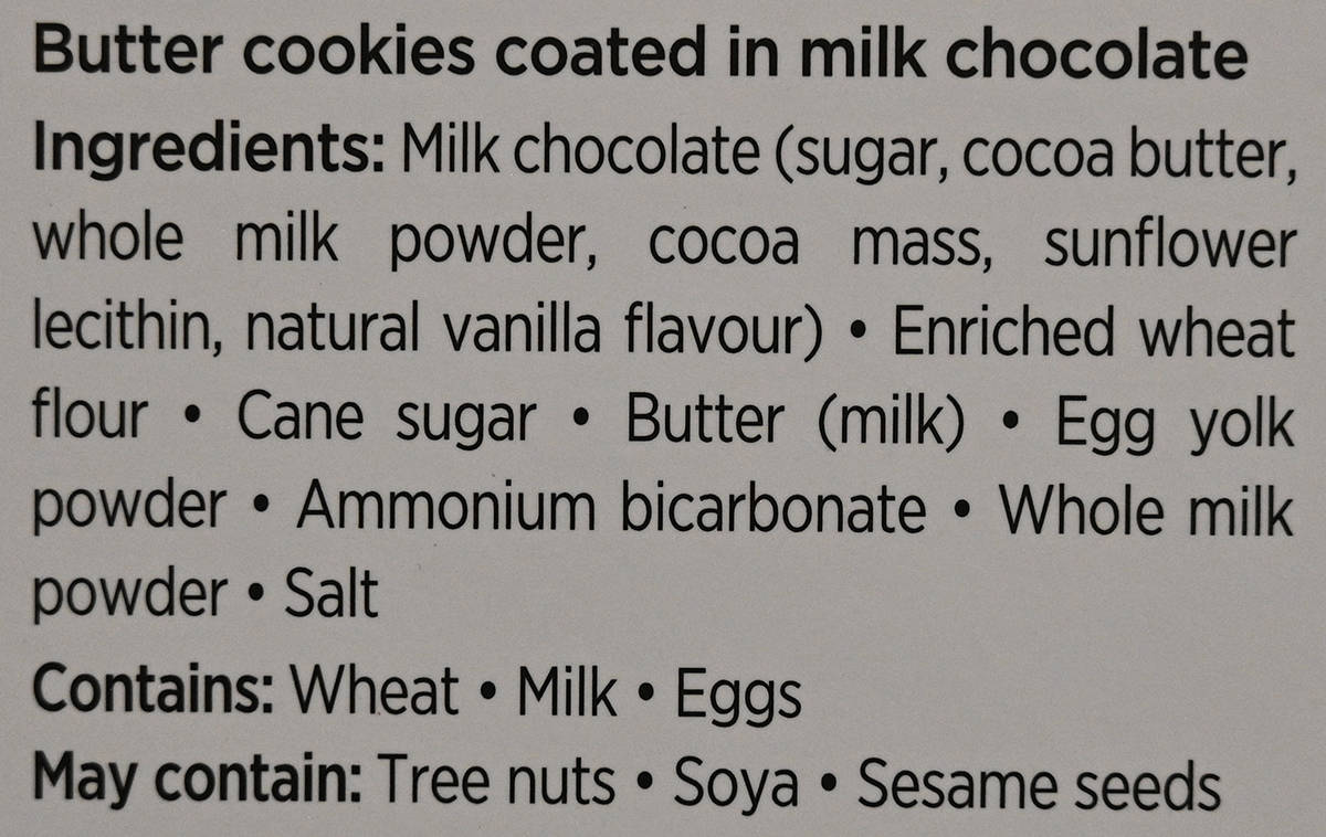 Image of the milk chocolate biscuits ingredients list from the back of the box.