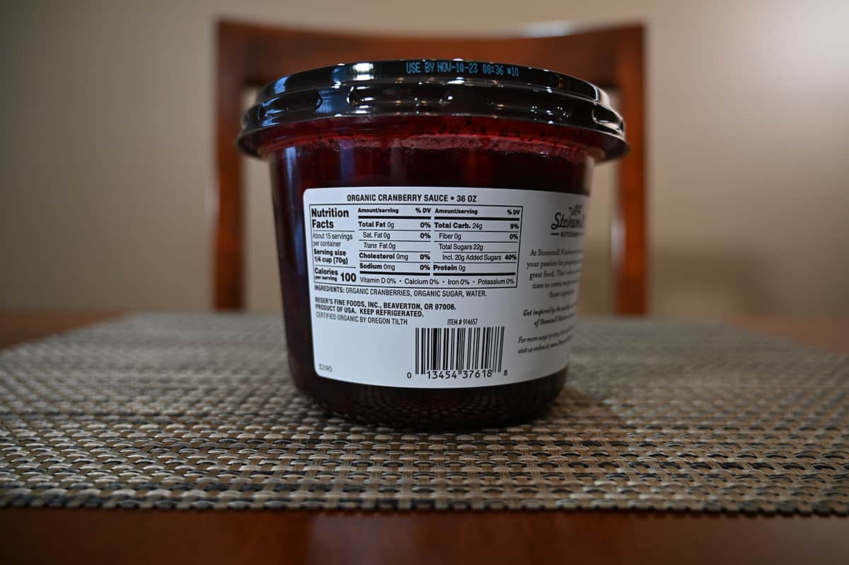 Image of the back of the container of cranberry sauce showing where the sauce is made and nutrition facts.