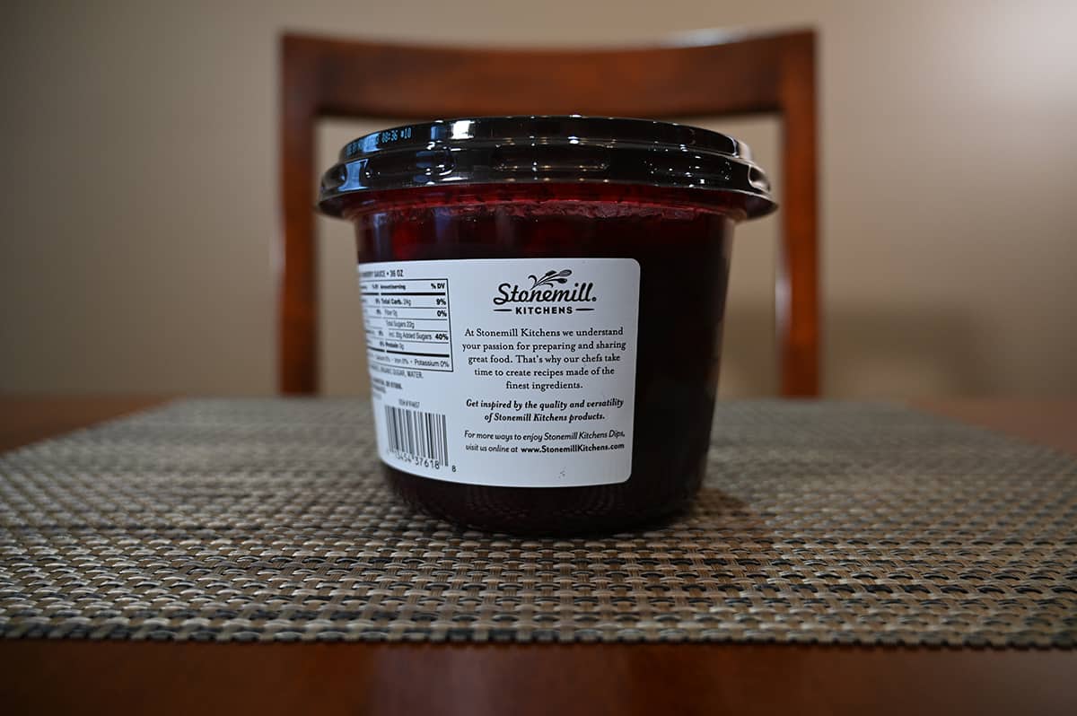 Image of the back of the cranberry sauce showing the label with product description. 