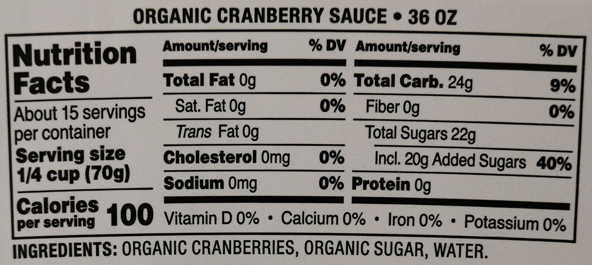 Image of the nutrition facts for the cranberry sauce from the back of the container.