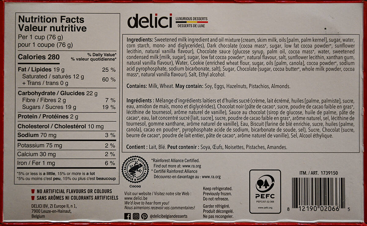 Image of the back of the package of the mousse cups showing the ingredients, nutrition facts, where it's made. 