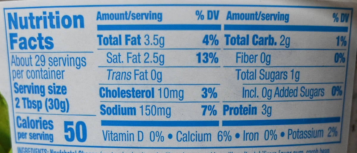 Image of the nutrition facts for the dip from the back of the container.