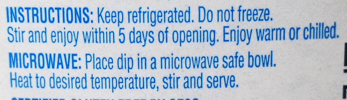 Image of the storage instructions for the dip from the back of the container.