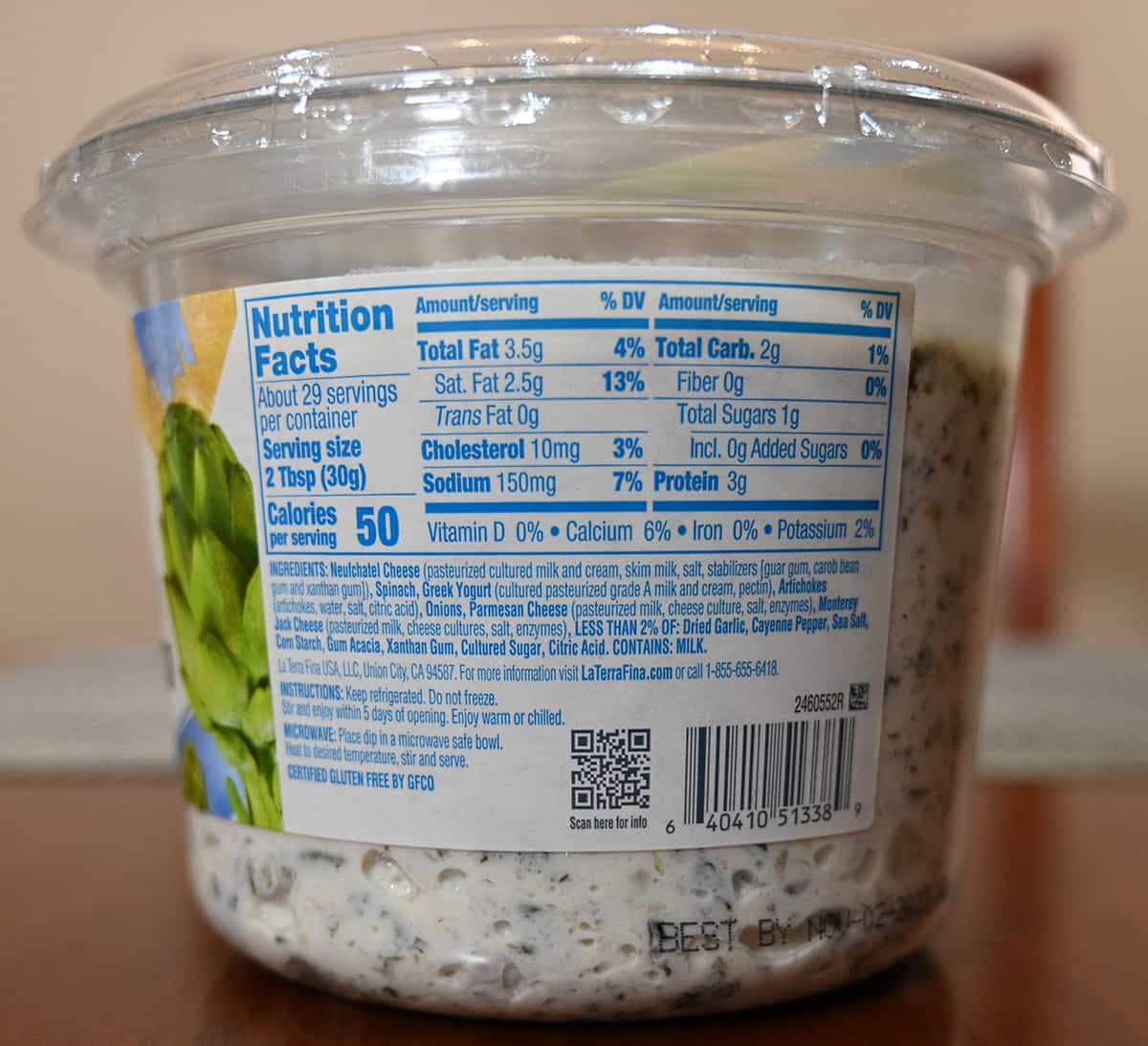Closeup image of the back label on the dip showing ingredients, nutrition facts and storage instructions.