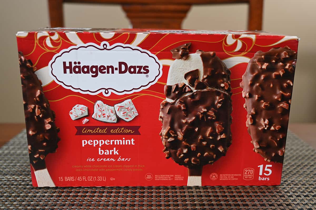 Image of the Costco Häagen-Dazs Peppermint Bark Ice Cream Bars box sitting on a table unopened.