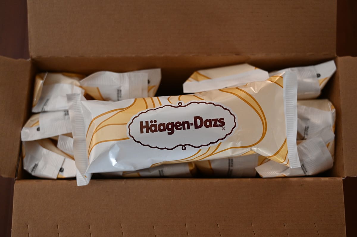 Image of the box of Costco Häagen-Dazs Peppermint Bark Ice Cream Bars opened showing that each bar is individually packaged.