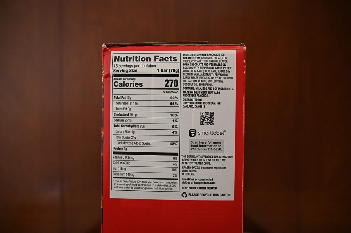 Image of the back of the box of ice cream bars showing nutrition facts and ingredients.