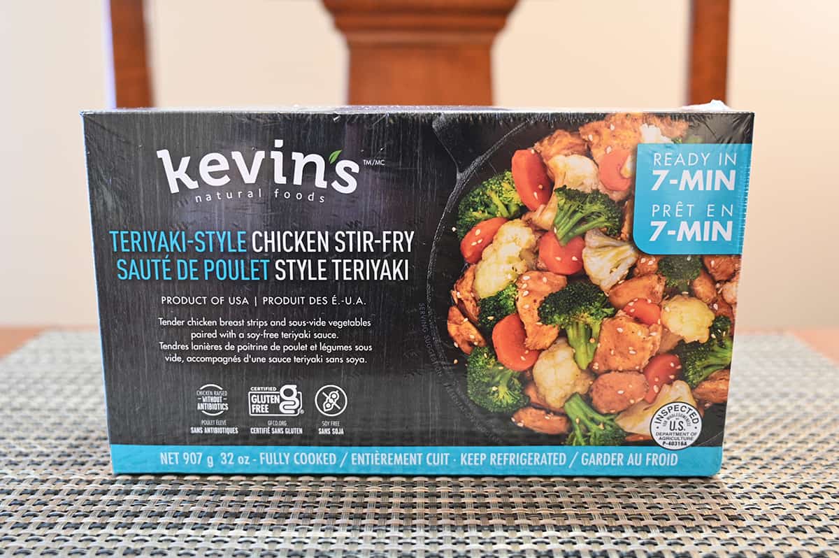 Image of the Costco Kevin's Teriyaki-Style Chicken Stir Fry box sitting on a table unopened.