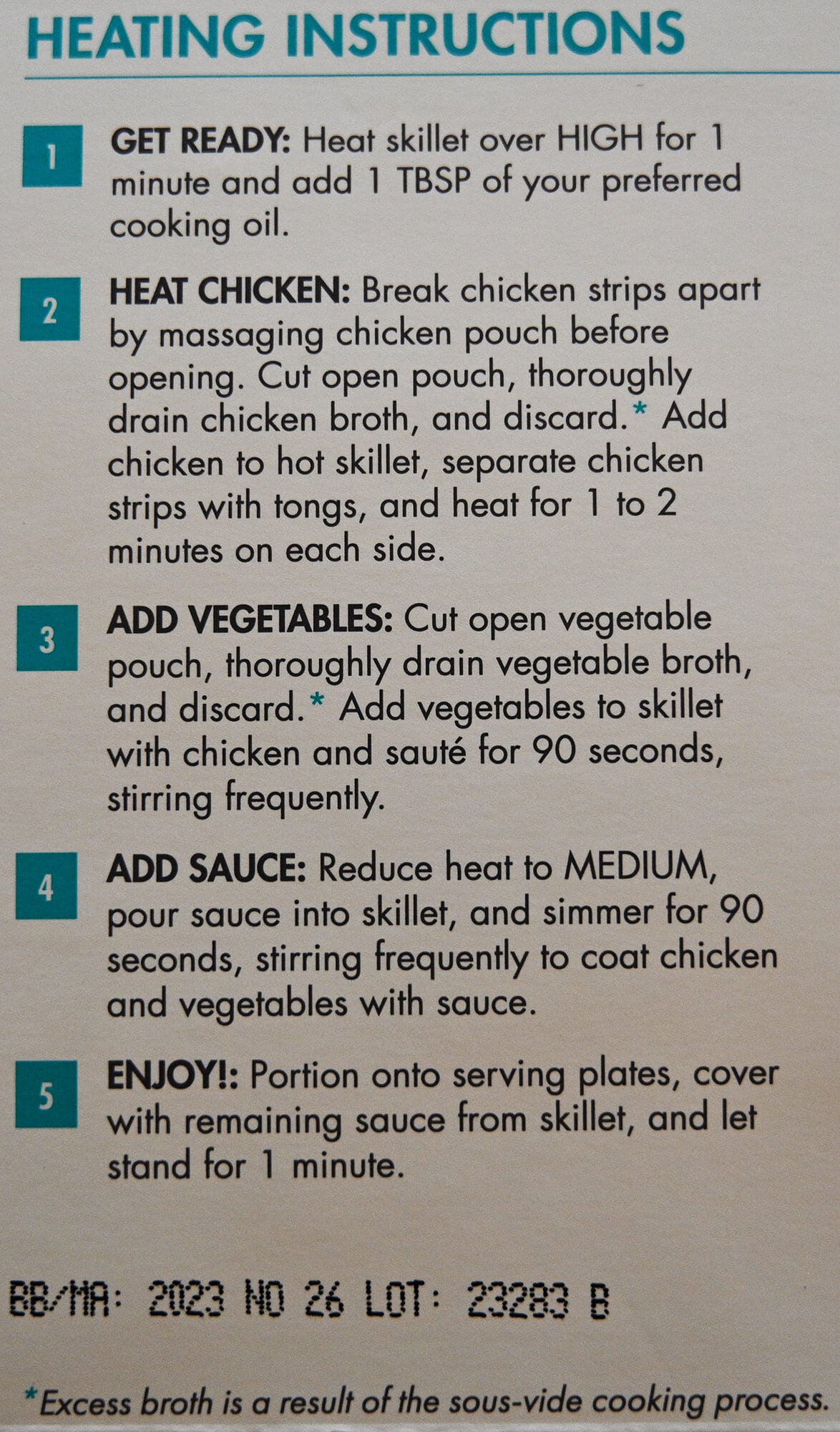 Image of the heating instructions for the stir-fry from the package.