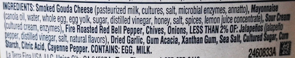 Image of the ingredients list for the dip from the back of the container.