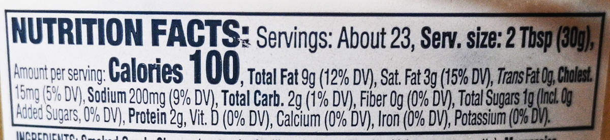 Image of the nutrition facts for the dip from the back of the container.