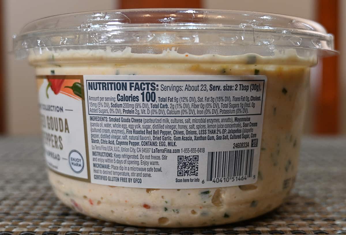 Image of the back label of the dip showing nutrition facts, ingredients and instructions.