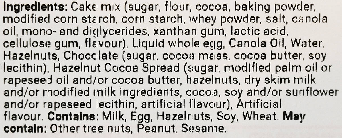 Image of the ingredients label for the hazelnut loaf.