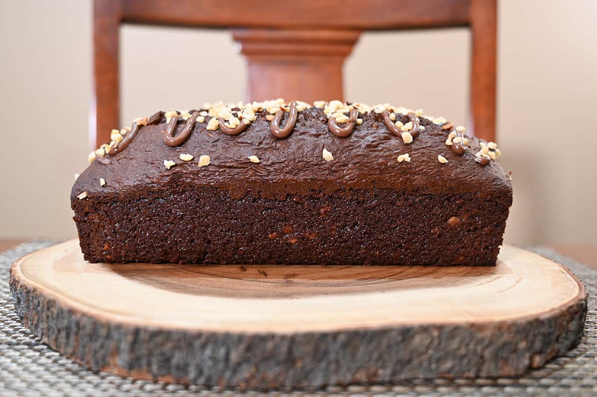 Closeup side view image of the hazelnut loaf so you can see how tall it is.