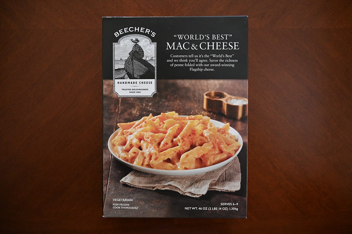 Image of the Costco Beecher's "World's Best" Mac & Cheese  box unopened sitting on a table.